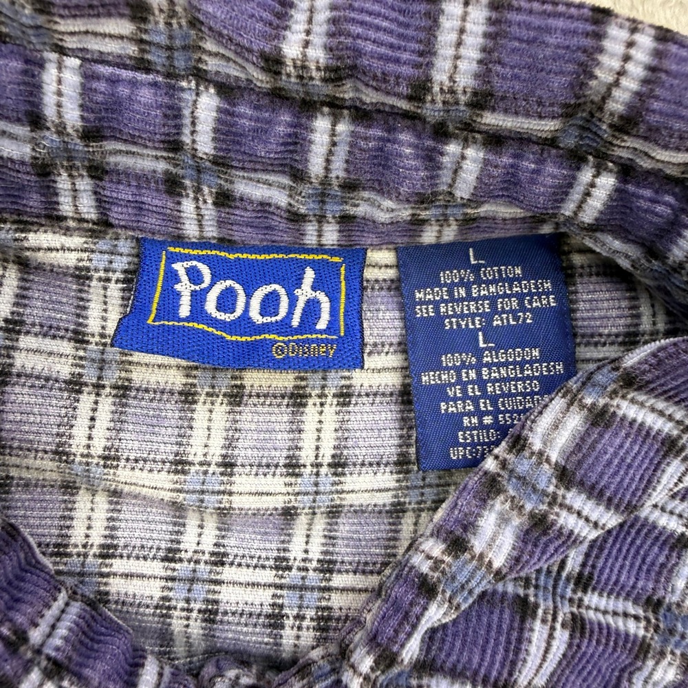 Disney Pooh Eeyore Shirt Womens Large Purple Plaid Corduroy Button Up Vintage - Picture 5 of 5